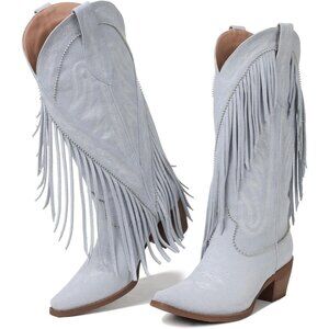 Women's Sky Blue Pointed Toe Pull On Block Chunky Heel Embroidery Tassel Country